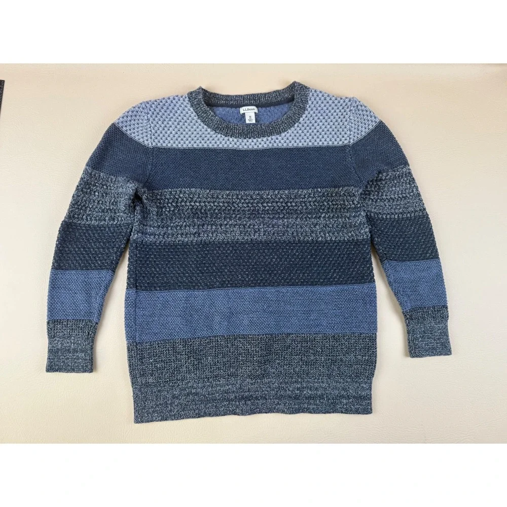 L.L.Bean Cotton Sweater Mens Medium Blue Textured Striped Crewneck